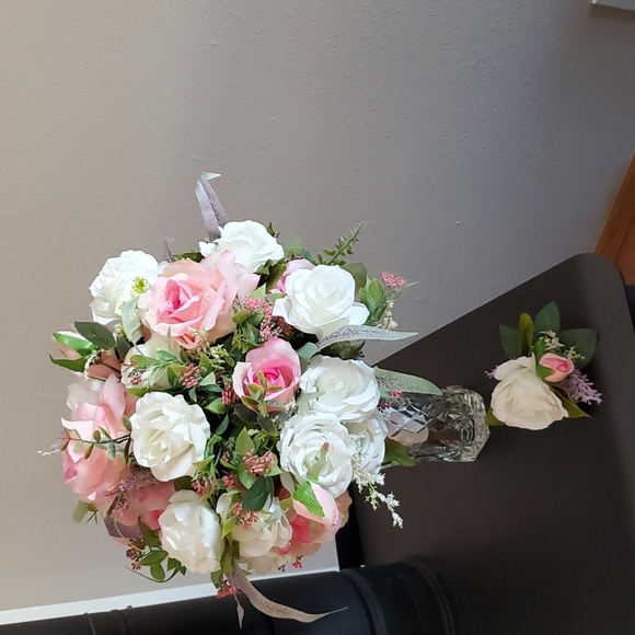 Other - Brand New! Bride's Bouquet & Boutonniere! Pinks, Whites & Touch of Lavender!